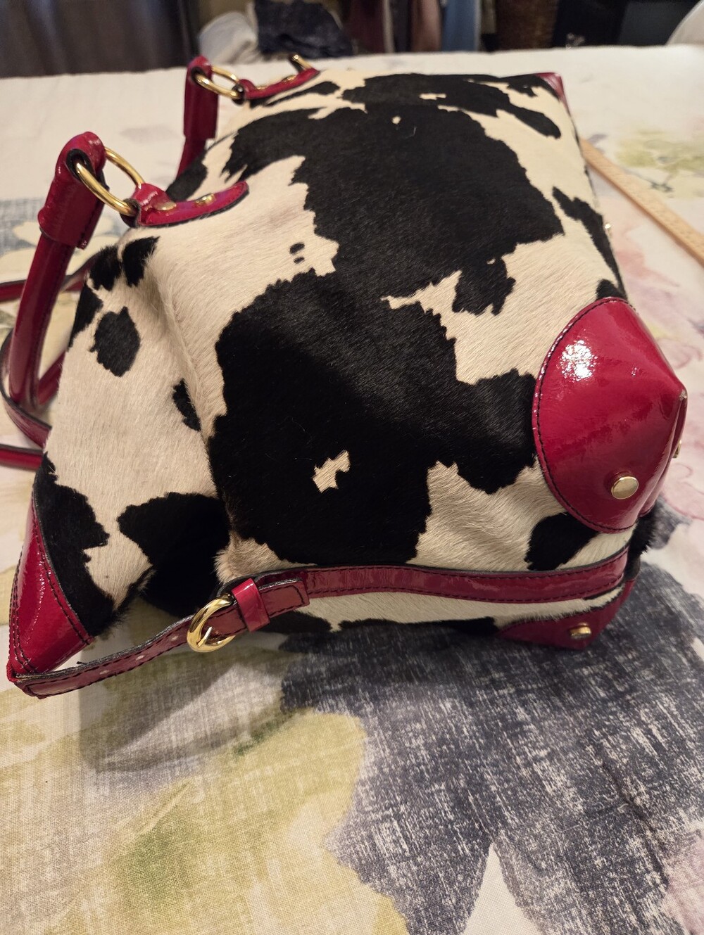 CAVALCANTI Black White Calfβ Hair Cow Print Red Italian Leather X-Large Tote Bag - Picture 4 of 16